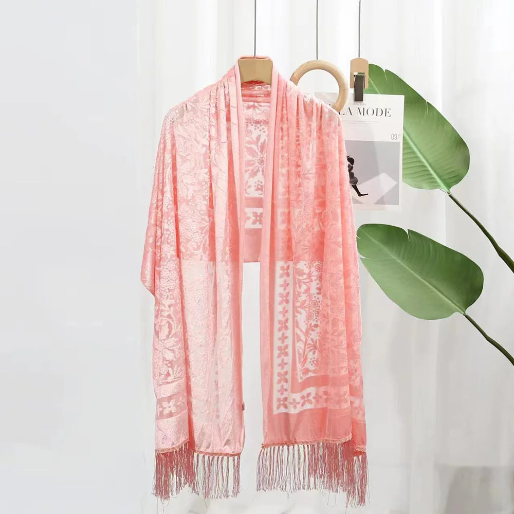 New Bohemian Ethnic Style Green Velvet Long Shawl Plain Color Floral Pattern Multi-Functional Scarf for Women's Summer Parties