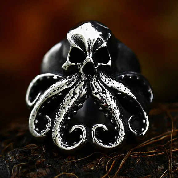 Antique Style Stainless Steel Men's Ring with Skull Octopus Design Gemstone Inlay Retro Punk Gothic Biker Fashion Jewelry Coven Couture Collective