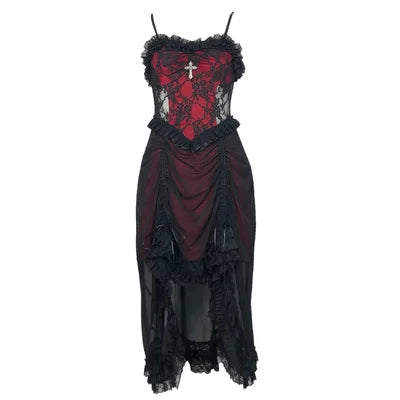 Blood Supply Original Vampire Gothic Black Red Drawstring Asymmetric Slip Dress Halloween Lace Fly Sleeve Dark Suspender Dress Coven Couture Collective