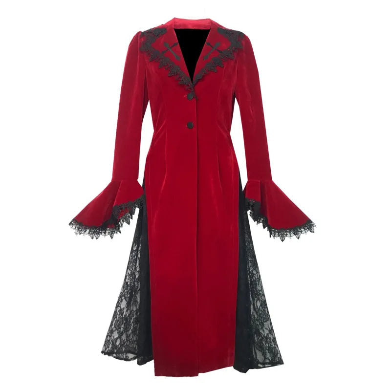 Blood Supply Original Design Red Wine Bloody Vampire Velour Slit Slim Long Blends Lace Patch Gothic Holloween Jackets Long Women Coven Couture Collective
