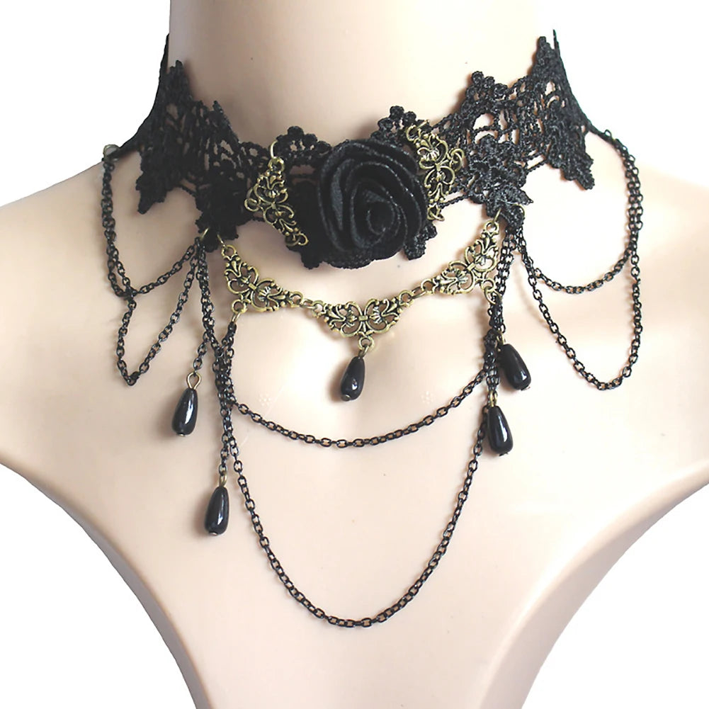 Gothic Victorian Choker for Women Black Lace Necklace Women Girl Boho Crystal Tassel Sexy Lace Choker Loli Style Halloween Jewel