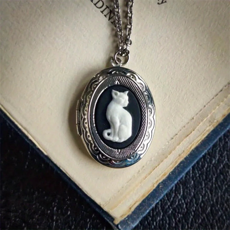 Gothic Cat Cameo Pendant Necklaces for Women Vintage Grimoire Creative Necklace Personalized Page Turnable Book Jewelry