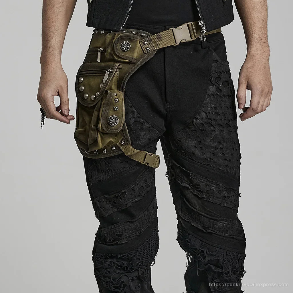 PUNK RAVE Men's Punk Doomsday Irregular Shape Rivets Personalized Bag Webbing Can Adjust Tightness Men Accessories