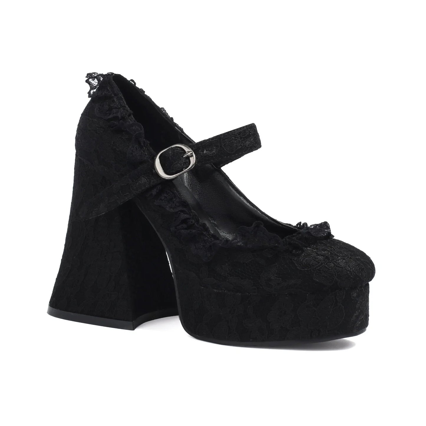 Waterproof Platform High Heels with Thick Sole Mary Jane Flats Elegant Lace Edged Single Shoes for Adults Pointed Toe Patchwork Design Coven Couture Collective