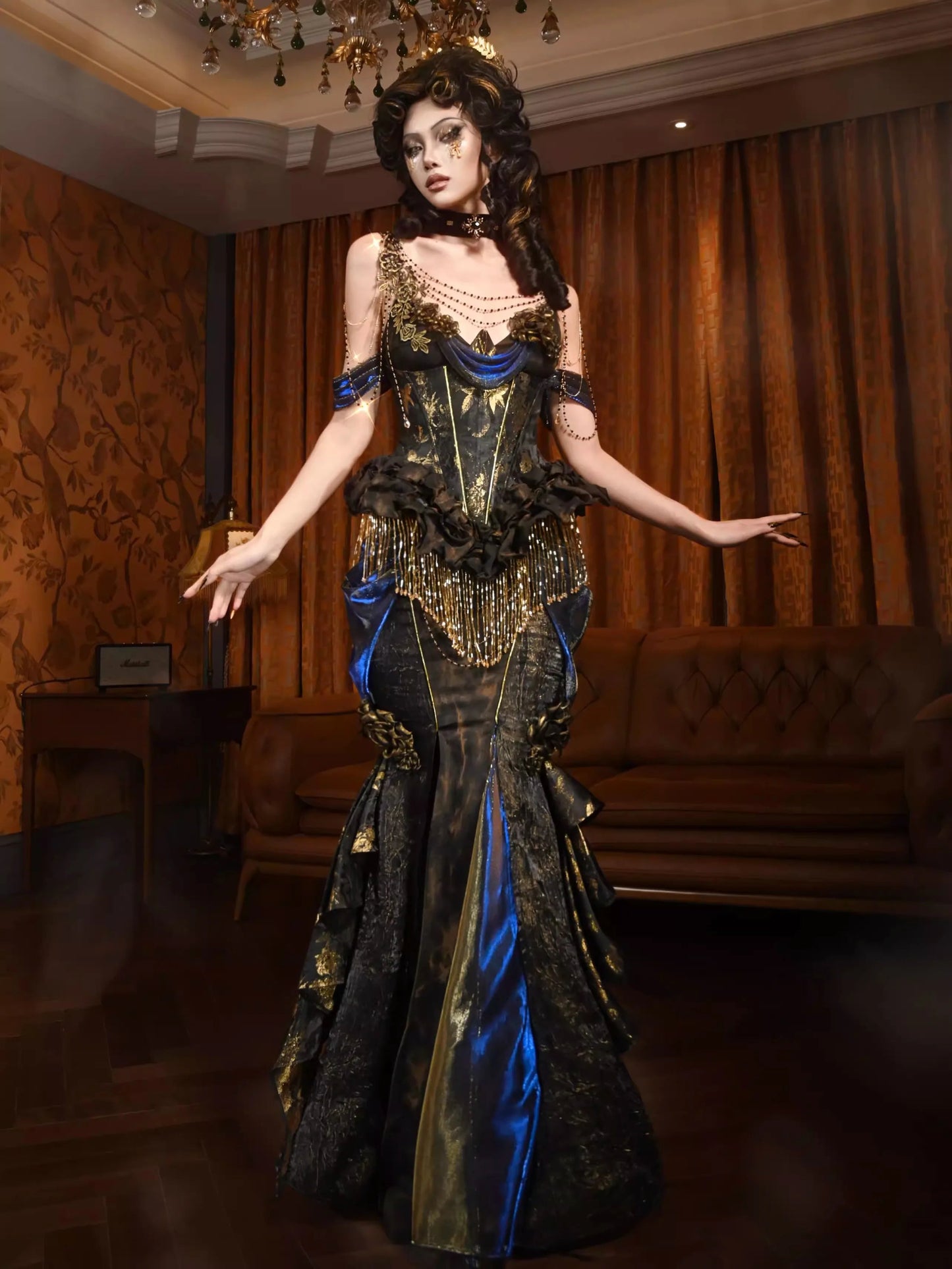 Blood Supply Original Heavy-made Gorgous Golden Ruffles Party Classic European Gothic X-long Trumpet Skirt Women Skirts Coven Couture Collective
