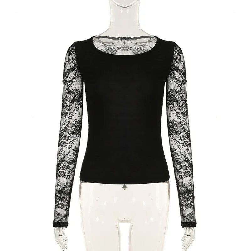 Goth Dark Mall Goth Solid Lace Patchwork Long Sleeve T-shirts Cyber Y2K O-neck Sheer Back Slim Tops Women Techwear Basic T-shirt