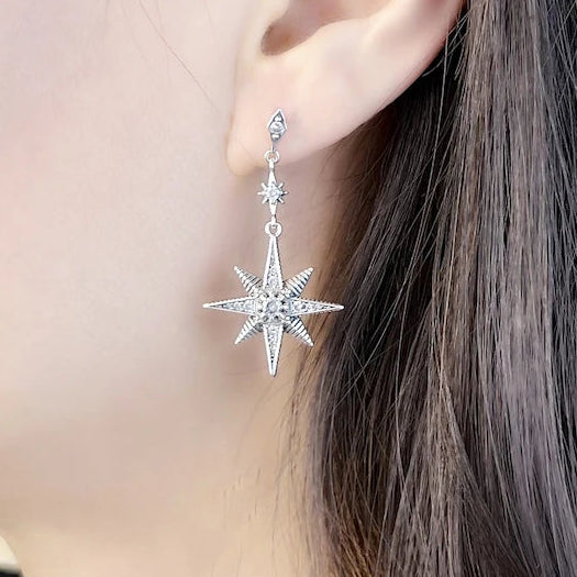 Women's Vintage Sterling Silver 925 Star & Moon Drop Earrings New Zircon