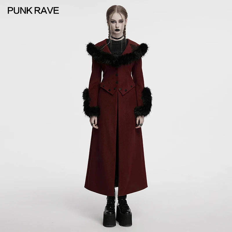 PUNK RAVE Women's Detachable Fur Collar & Hem Two-piece Jacket Gothic Atmosphere Adjustable Waist Long Coat Fall Winter