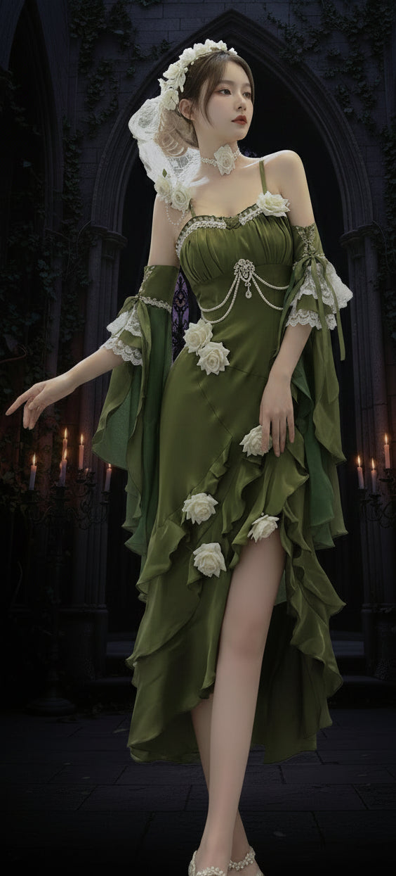 Red Rose Lolita Slimming Long Asymmetrical Fishtail Dress Coven Couture Collective
