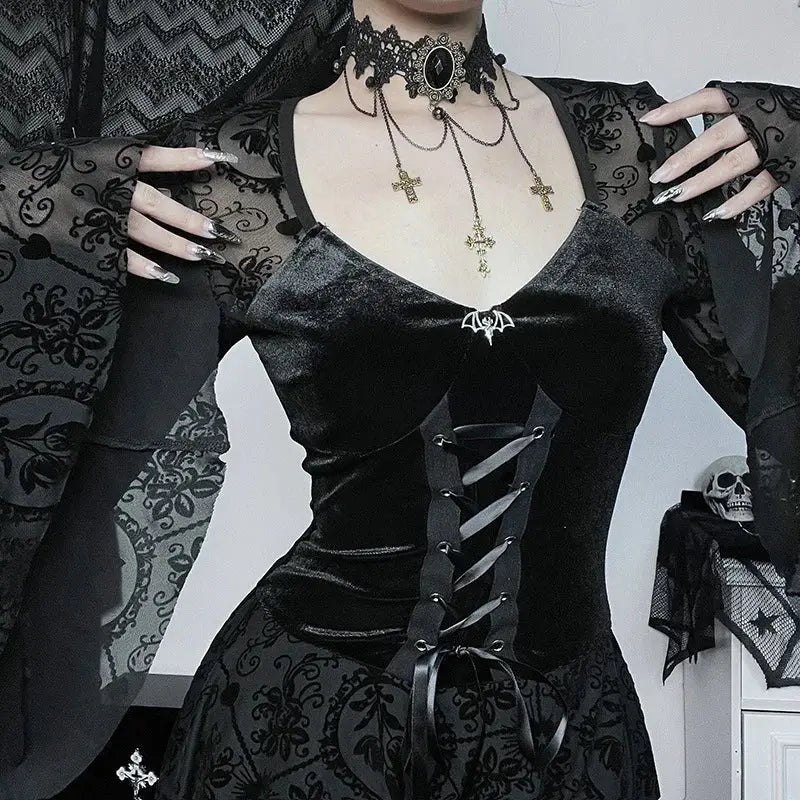 Goth Dark Elegant Vintage Mall Gothic Velvet Dresses Grunge Punk Style Flocked Bandage Dress Women Flare Sleeve Party Alt Outfit Coven Couture Collective