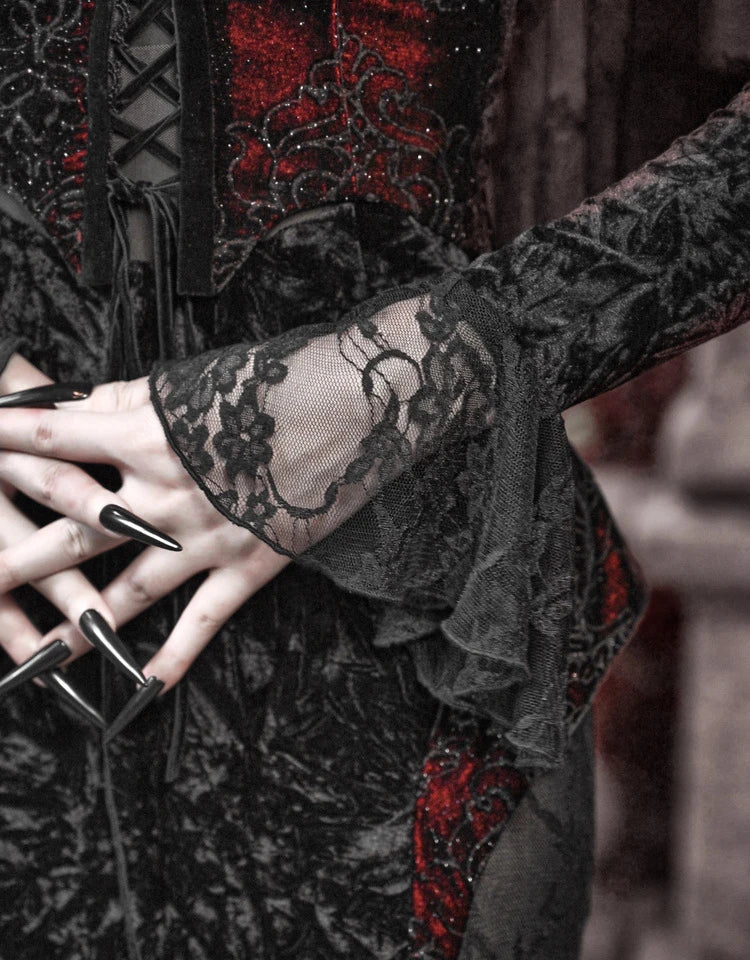 Blood Supply Original Design Vampire Black Red Dress Lace Patch Gothic Velvet Trumpet Long Sleeve X-Long Dress Halloween Coven Couture Collective
