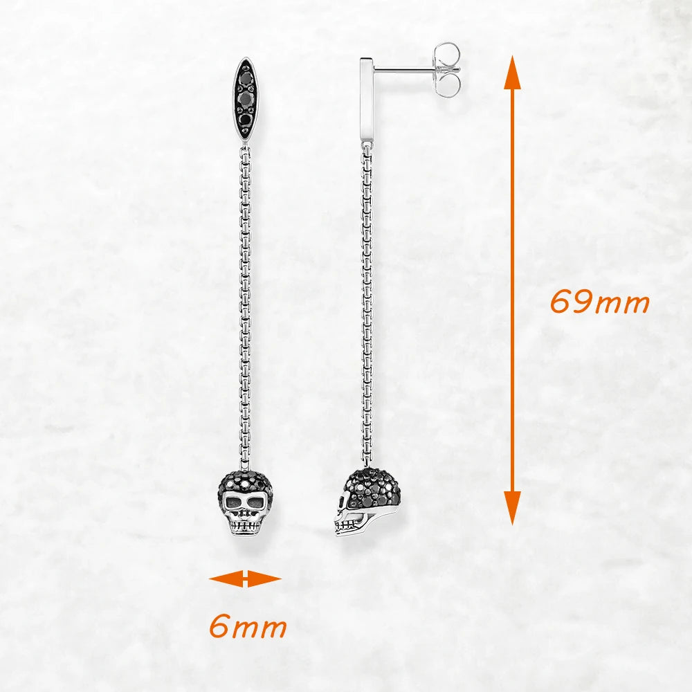 Women's Punk Skull Long Earring with Black Stone 925 Sterling Silver High-Quality Fine Jewellery Eye-Catching Drop Earrings