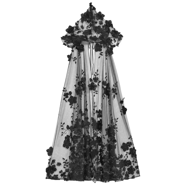 Blood Supply Original Design Gothic Florals Beading Embroidery Hooded Long Ponchos Transparent Meash Halloween Cape Winter