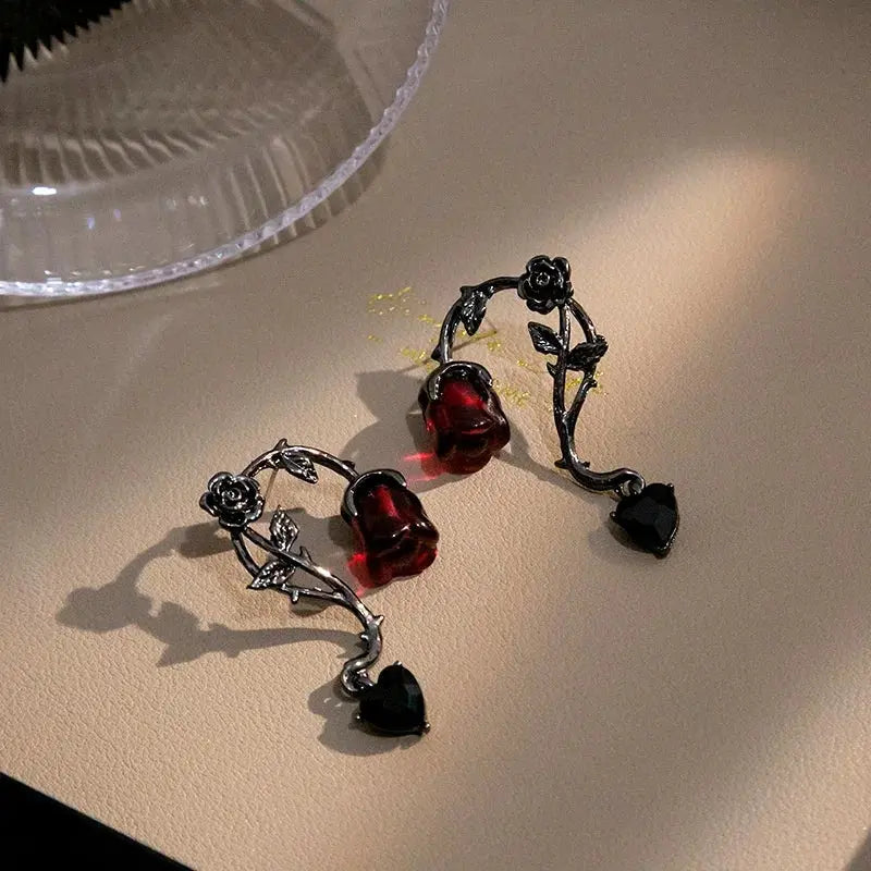 Gothic Red Rose Blossom Earrings Women Punk Halloween Jewellery Creativity Fashion Gorgeous Statement Jewelry Girl Gifts Coven Couture Collective