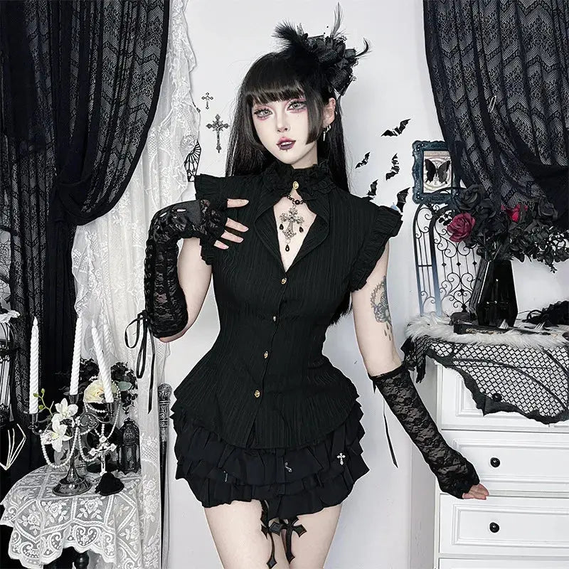 Goth Dark 90s Grunge Single Breasted Slim Wasit Shirt Blouses Women Alt Teachwear Mall Gothic Stringy Selvedge Sleeveless Shirts Coven Couture Collective