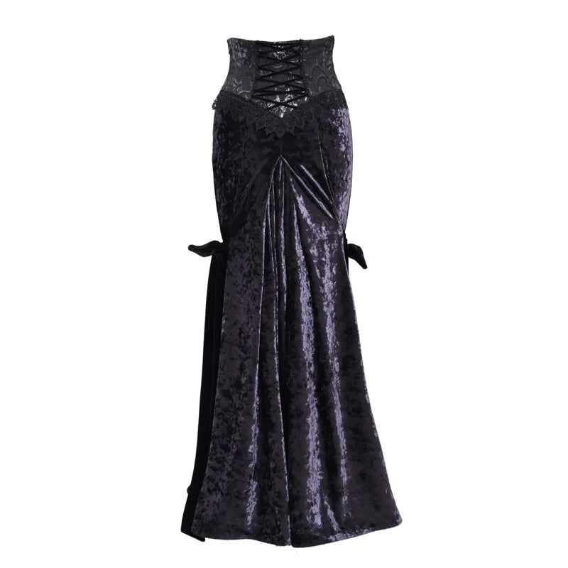 Blood Supply New Purple Velvet Slim-fit Lace-up Fishtail Skirt Gothic Lace Party Halloween Trumpet Long Skirt for Women 2023 Coven Couture Collective
