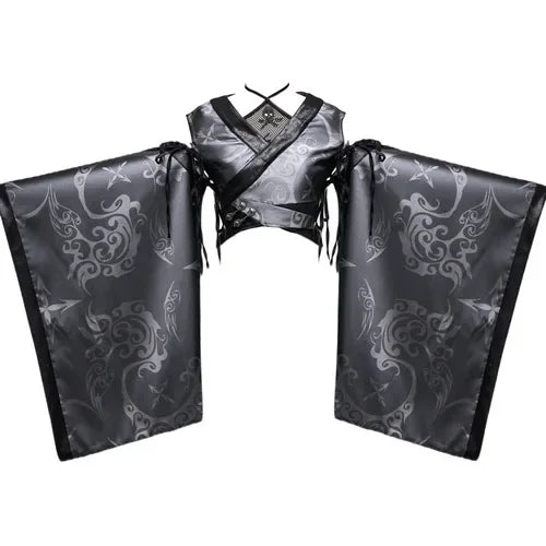 Blood Supply Original Kimono Design Japanese Furisode Sleeve Hollow Out Top Jacquard Dark Goth Suede Halloween Mesh Top Blouse