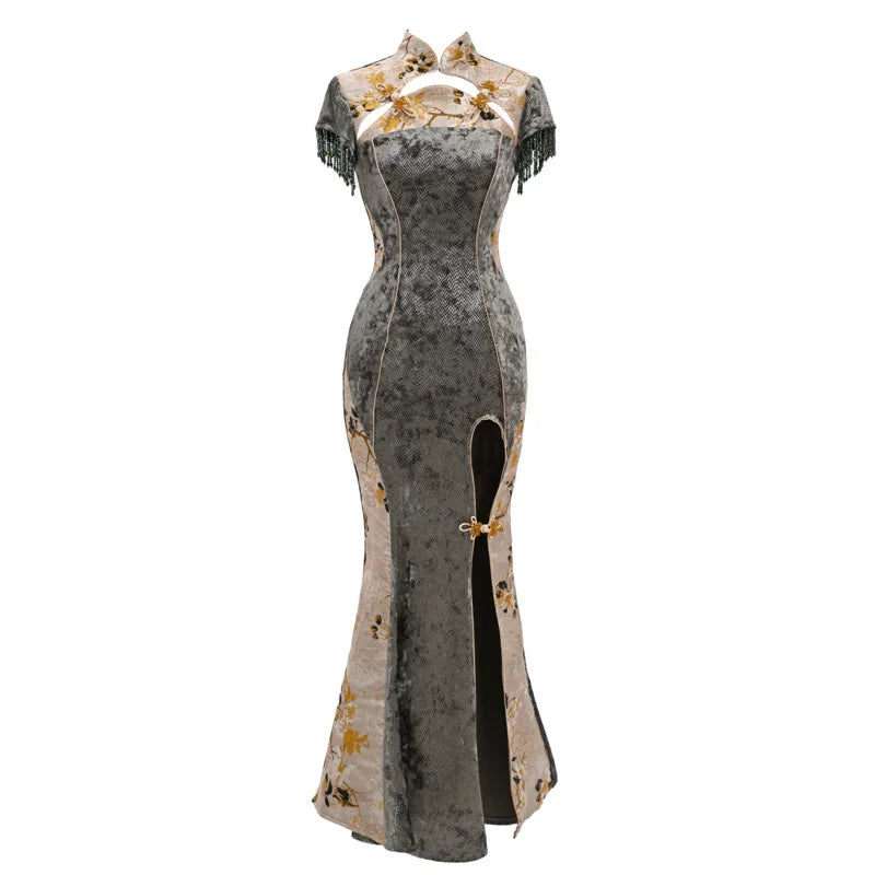 Blood Supply Original New Chinese Cheongsam Slim Dress Tie Tassel Jacquard Tunic Waist Sheath Long Trumpet Dresses Festival Coven Couture Collective