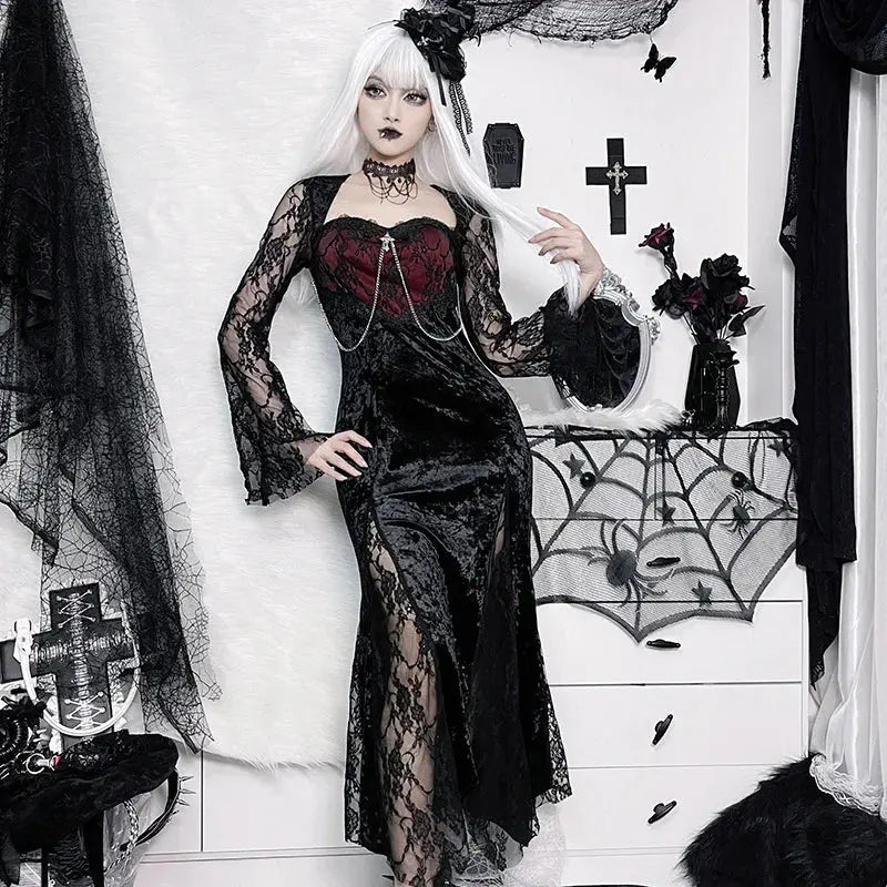 Goth Dark Elegant Mall Gothic Women Evening Dresses Grunge Aesthetic E-girl Velvet Midi Dress Lace Splice Sexy Split Alt Outfits Coven Couture Collective