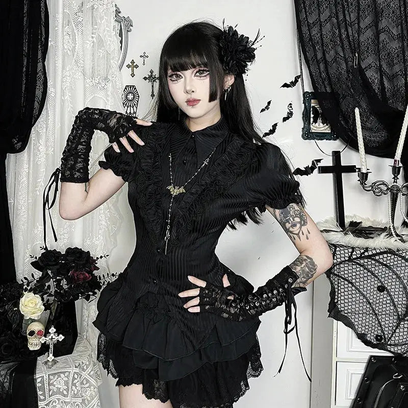 Goth Dark Kawaii Black Short Sleeve Buttons Shirt Lace-up Blouses Mall Gothic Slim Lapel Collar Stripe Shirts Women Alt Techwear Coven Couture Collective