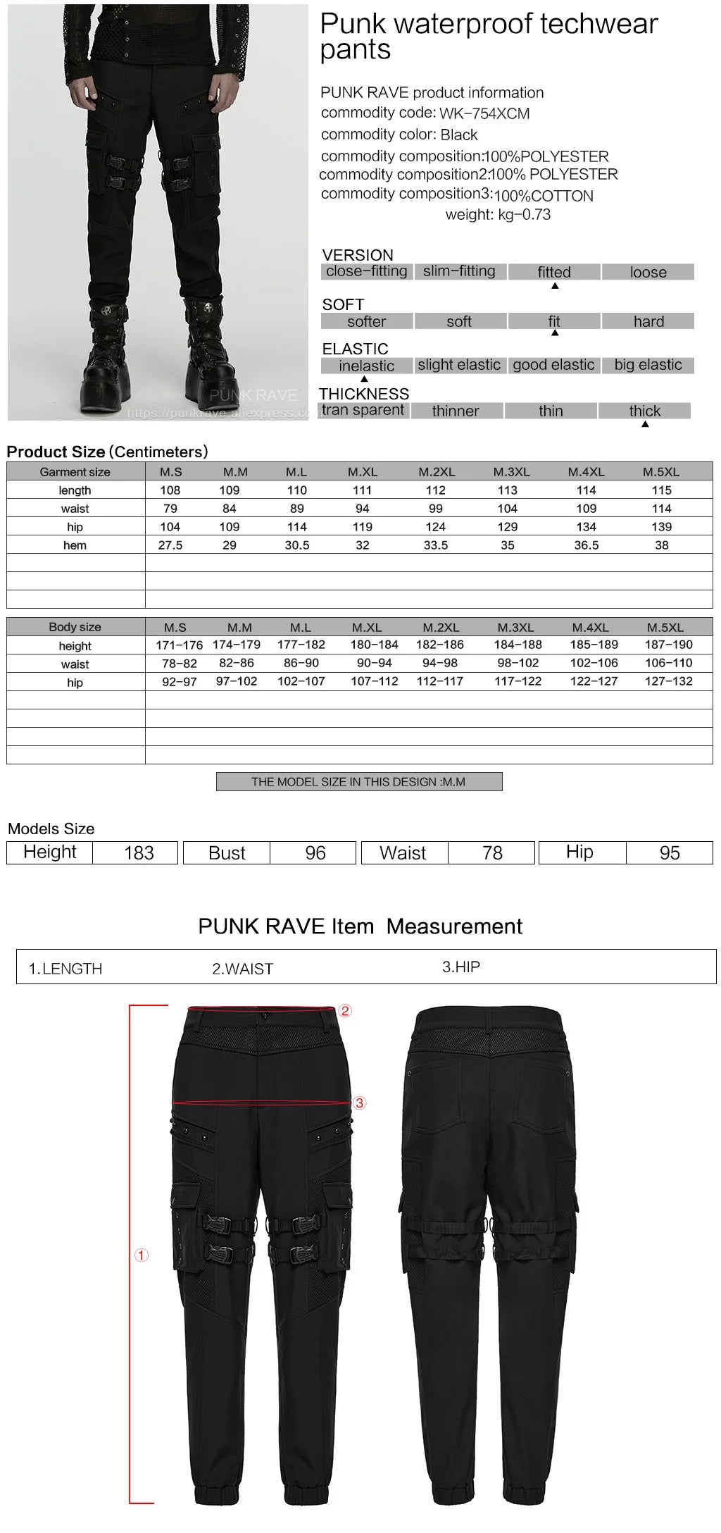 PUNK RAVE Men's Punk Waterproof Classic Cuffed Design Techwear Pants Thigh Side Pockets Handsome Casual Dark Trousers Jeans Coven Couture Collective
