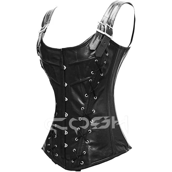 Genuine Leather High Compression Firm Control Waist Training Gothic Black Corset Overbust Steel Boned Body Shaper Shoulder