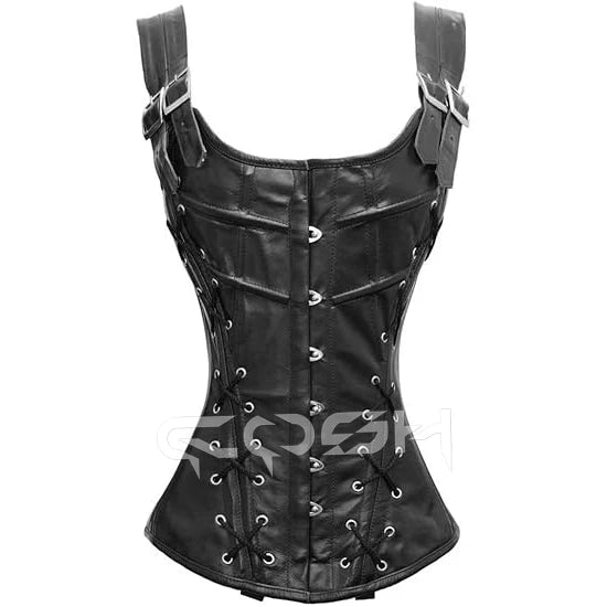 Genuine Leather High Compression Firm Control Waist Training Gothic Black Corset Overbust Steel Boned Body Shaper Shoulder
