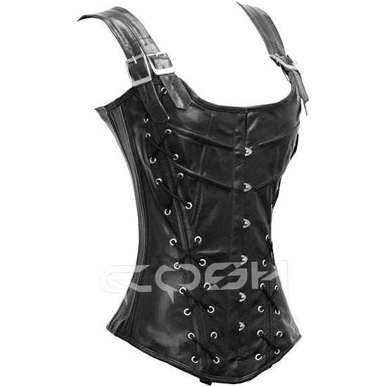 Genuine Leather High Compression Firm Control Waist Training Gothic Black Corset Overbust Steel Boned Body Shaper Shoulder