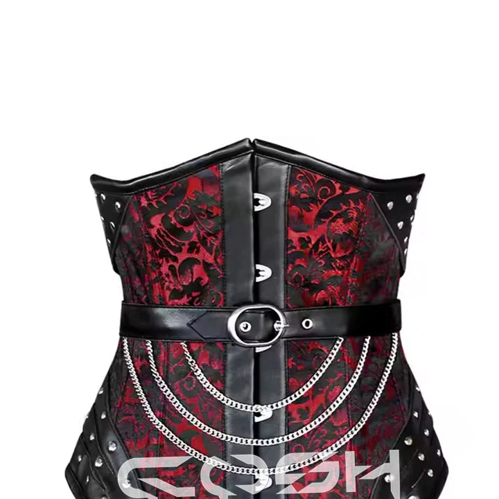 Gothic Red Brocade Floral Corset Black Leather Laced Up Underbust Steelboned With Hardware Chains Adjustable Buckle Strap Corset