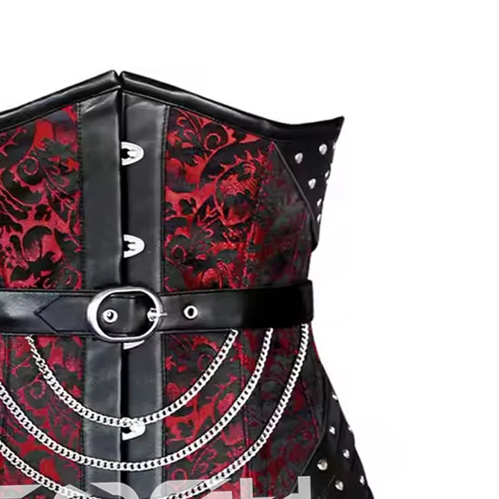 Gothic Red Brocade Floral Corset Black Leather Laced Up Underbust Steelboned With Hardware Chains Adjustable Buckle Strap Corset