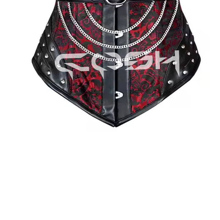 Gothic Red Brocade Floral Corset Black Leather Laced Up Underbust Steelboned With Hardware Chains Adjustable Buckle Strap Corset