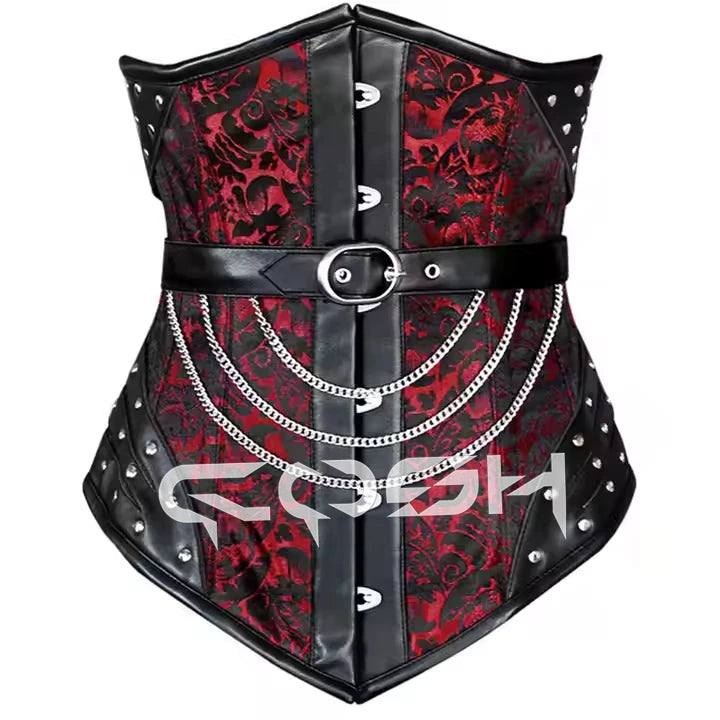 Gothic Red Brocade Floral Corset Black Leather Laced Up Underbust Steelboned With Hardware Chains Adjustable Buckle Strap Corset