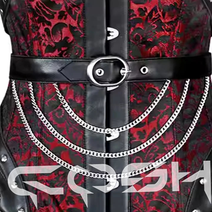 Gothic Red Brocade Floral Corset Black Leather Laced Up Underbust Steelboned With Hardware Chains Adjustable Buckle Strap Corset