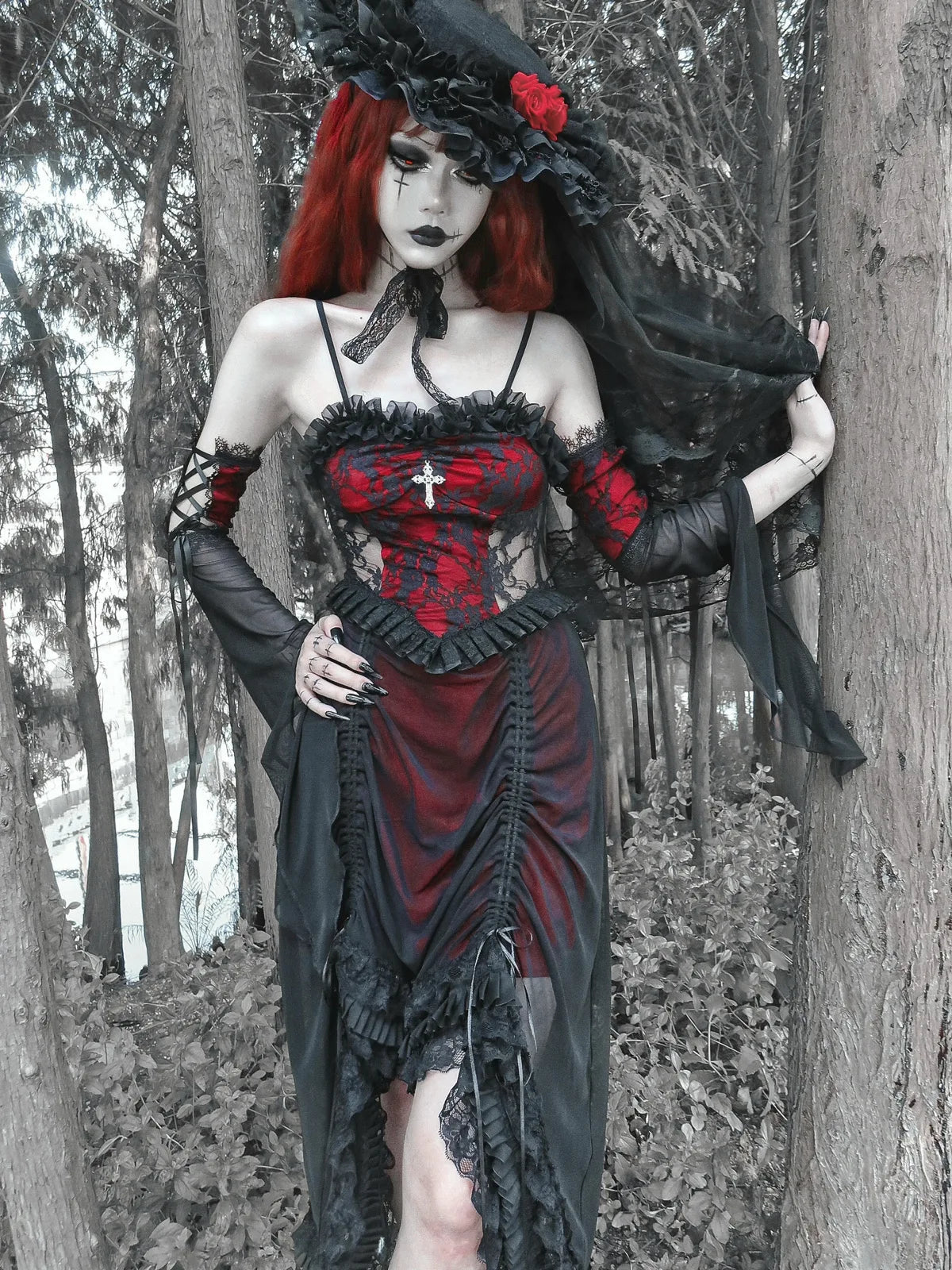 Blood Supply Original Vampire Gothic Black Red Drawstring Asymmetric Slip Dress Halloween Lace Fly Sleeve Dark Suspender Dress Coven Couture Collective