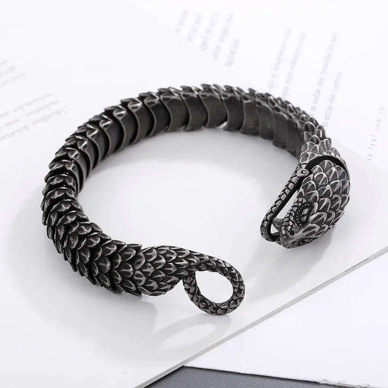 KALEN 220mm Men Punk Oxidized Black/Silver/Gold Stainless Steel Feathers Snake Links Bracelet