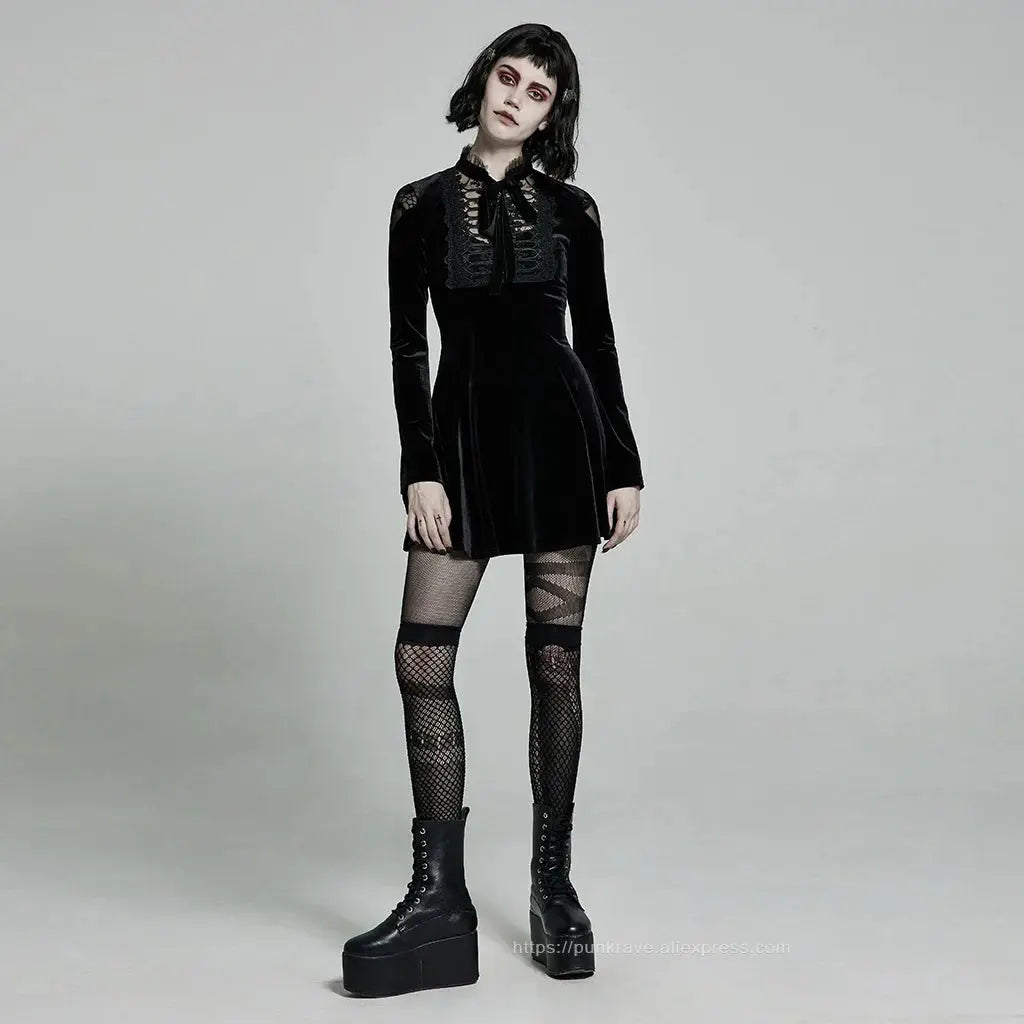 PUNK RAVE Women's Gothic Daily Dress Gorgeous Retro Knitted Velvet Lace-up Lace Collar Micro-horn Cuffs Party Dinner Dresses Coven Couture Collective
