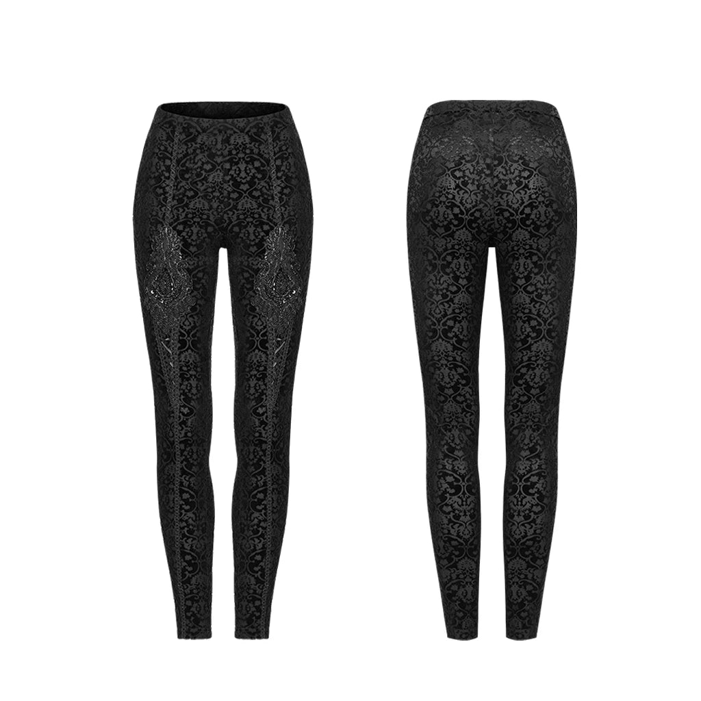 PUNK RAVE Women's Gothic Palace Retro Burn Out Flower Leggings Daily Wear Adjustable Elastic Band Skinny Delicate Pencil Pants