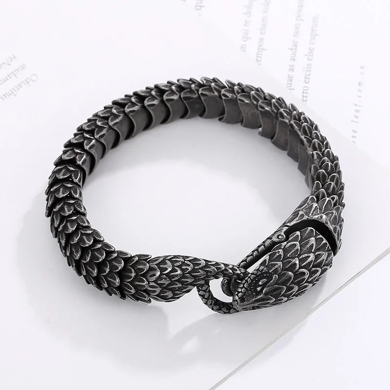 KALEN 220mm Men Punk Oxidized Black/Silver/Gold Stainless Steel Feathers Snake Links Bracelet