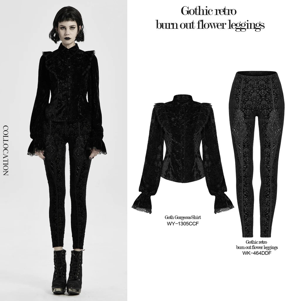 PUNK RAVE Women's Gothic Palace Retro Burn Out Flower Leggings Daily Wear Adjustable Elastic Band Skinny Delicate Pencil Pants