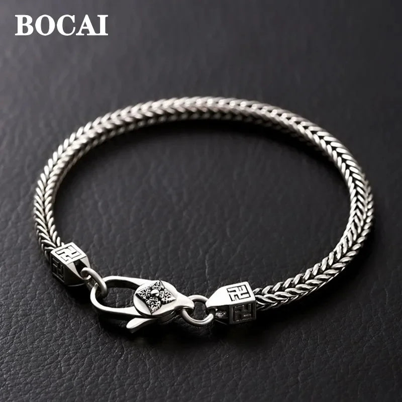 BOCAI 925 Sterling Silver Fox Tail Chain Bracelet New Fashionable Diamond Pestle Fine Chain Link Jewelry Accessories for Men