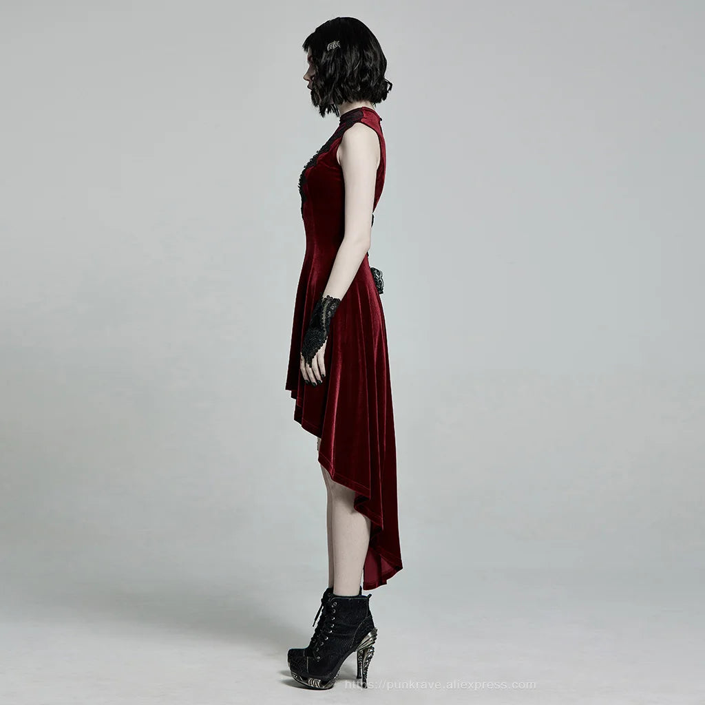 PUNK RAVE Women's Velvet Gothic Gorgeous Retro Irregular Hem Sleeveless Dress in Black or Red