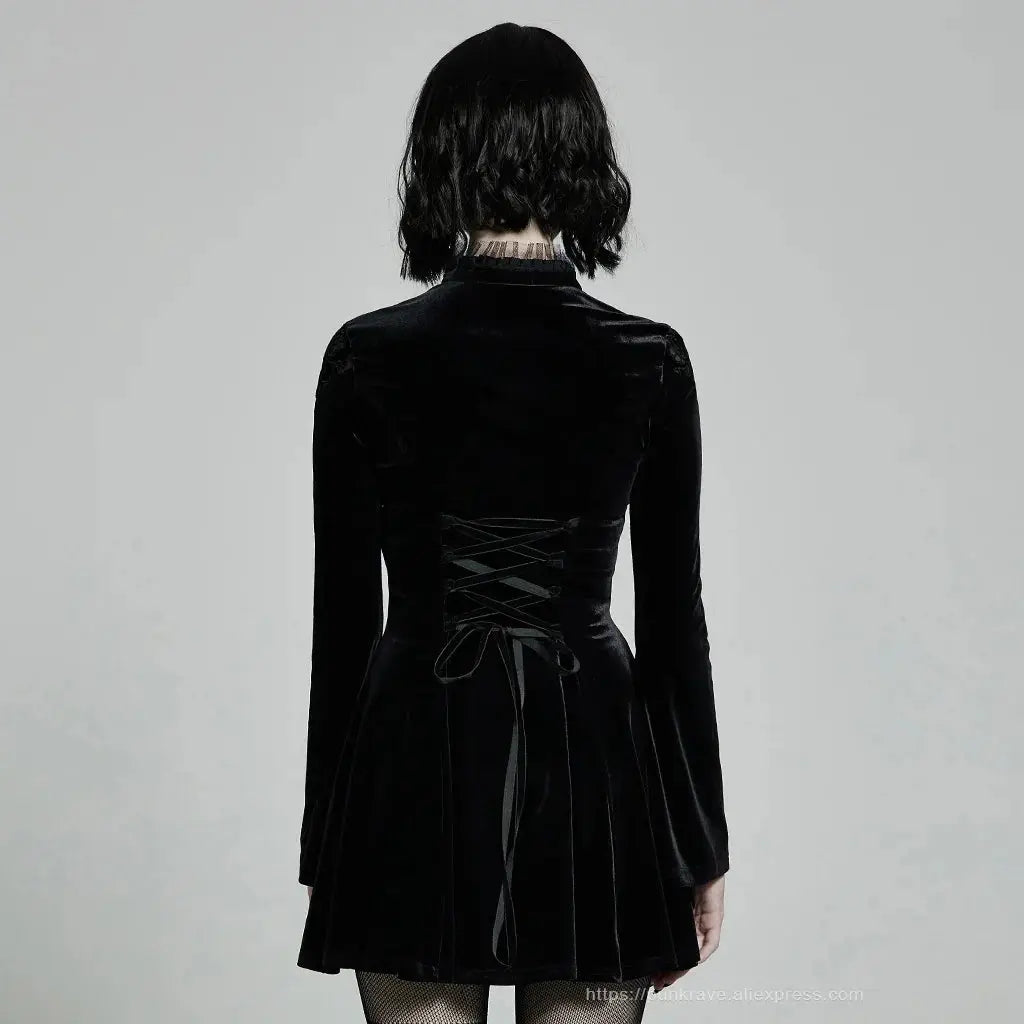 PUNK RAVE Women's Gothic Daily Dress Gorgeous Retro Knitted Velvet Lace-up Lace Collar Micro-horn Cuffs Party Dinner Dresses Coven Couture Collective