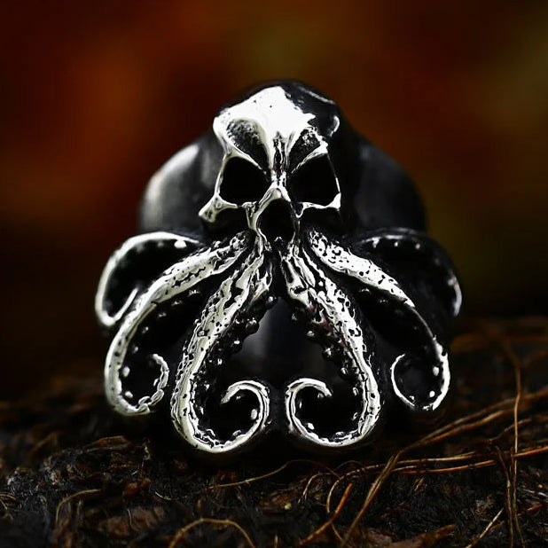 Antique Style Stainless Steel Men's Ring with Skull Octopus Design Gemstone Inlay Retro Punk Gothic Biker Fashion Jewelry