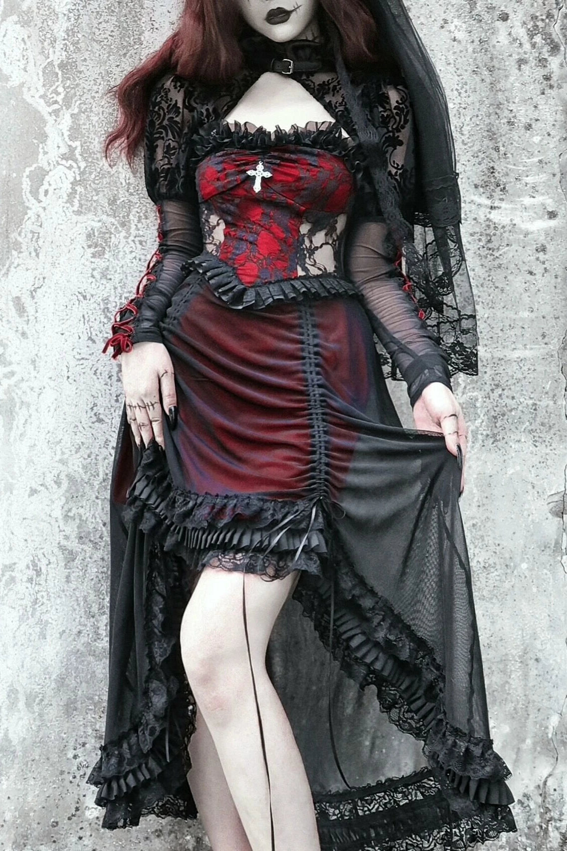 Blood Supply Original Vampire Gothic Black Red Drawstring Asymmetric Slip Dress Halloween Lace Fly Sleeve Dark Suspender Dress Coven Couture Collective