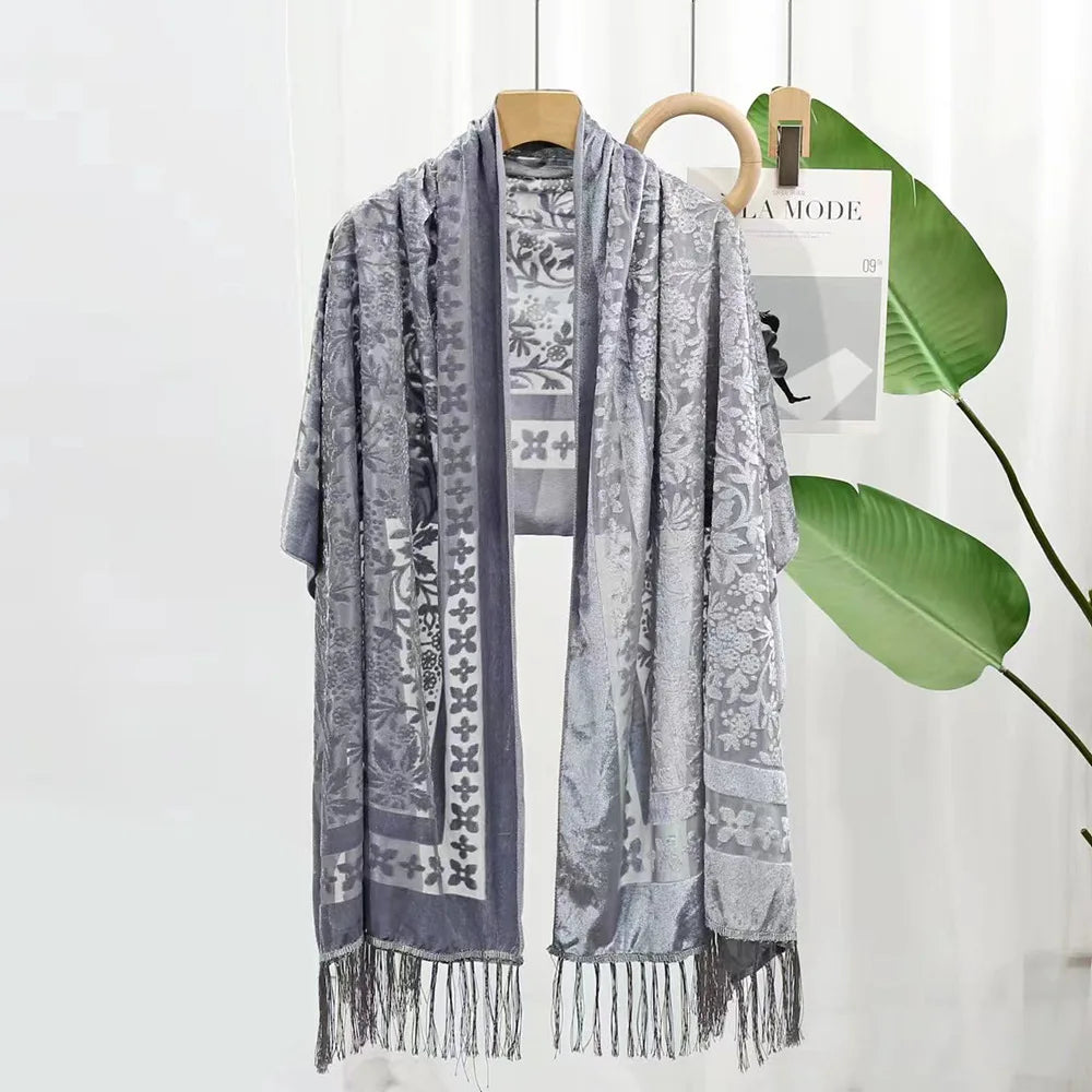 New Bohemian Ethnic Style Green Velvet Long Shawl Plain Color Floral Pattern Multi-Functional Scarf for Women's Summer Parties