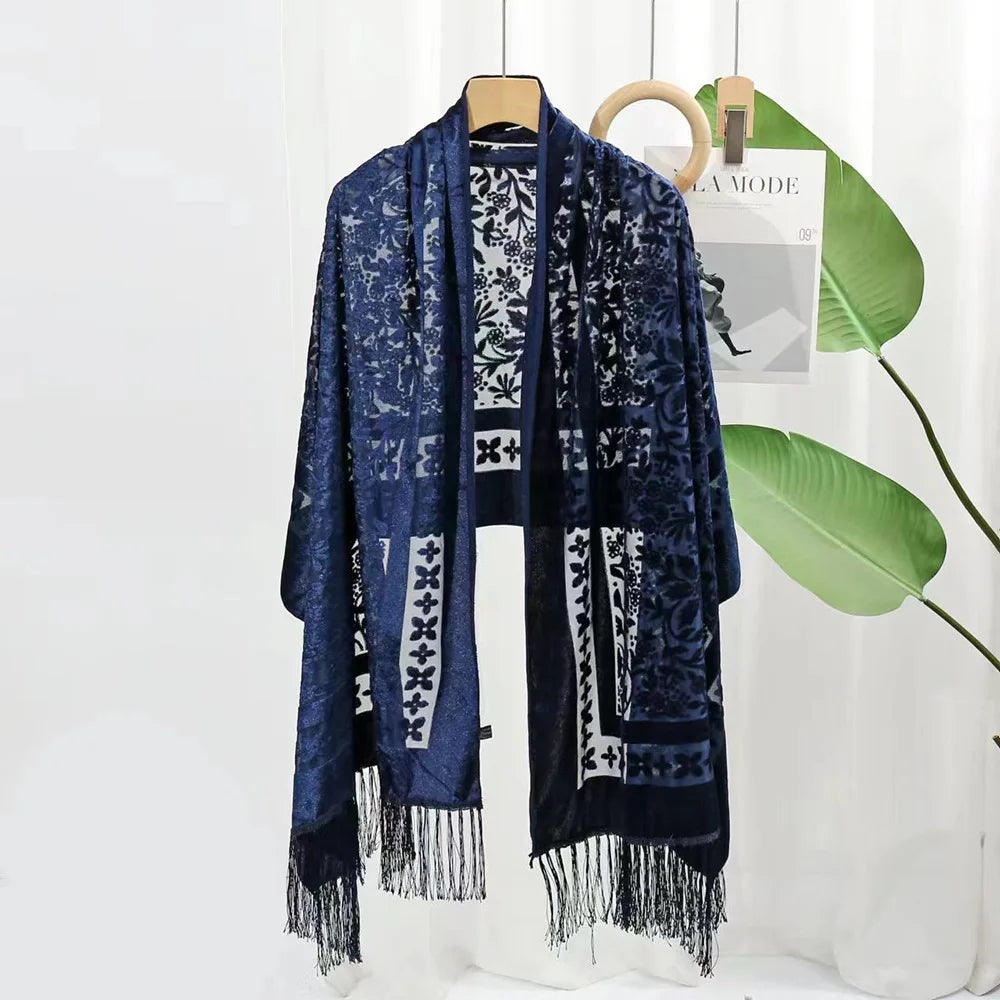 New Bohemian Ethnic Style Green Velvet Long Shawl Plain Color Floral Pattern Multi-Functional Scarf for Women's Summer Parties
