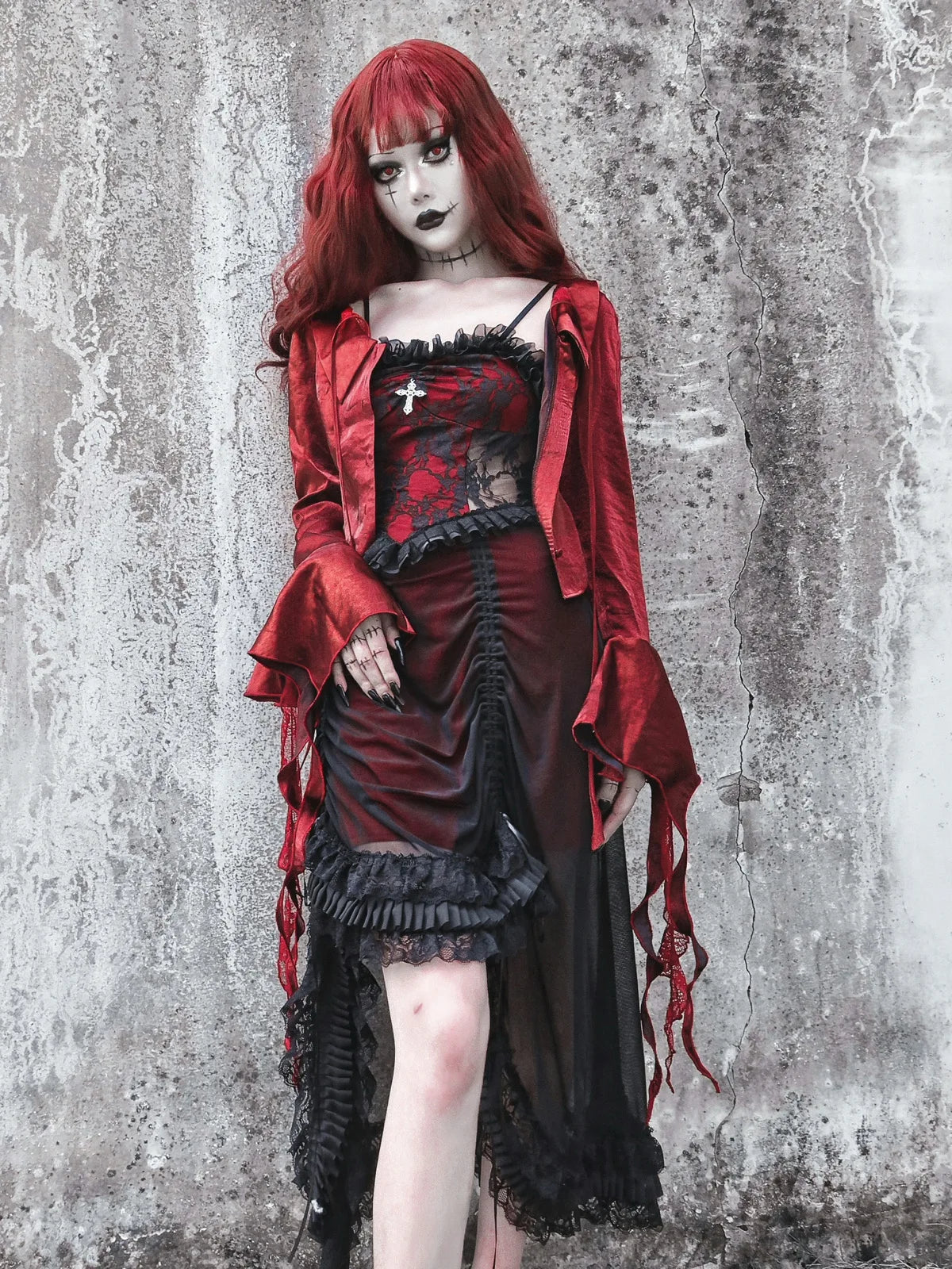 Blood Supply Original Vampire Gothic Black Red Drawstring Asymmetric Slip Dress Halloween Lace Fly Sleeve Dark Suspender Dress Coven Couture Collective
