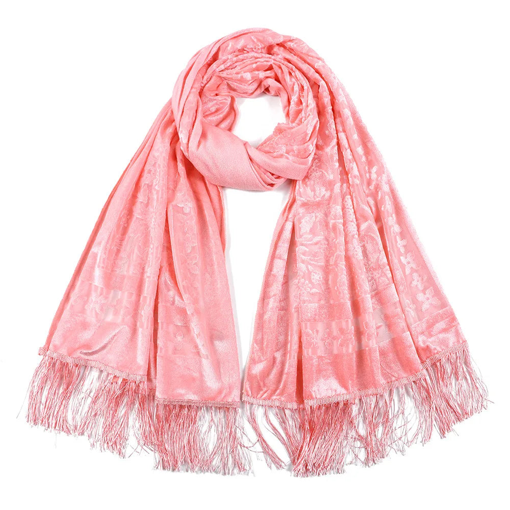 New Bohemian Ethnic Style Green Velvet Long Shawl Plain Color Floral Pattern Multi-Functional Scarf for Women's Summer Parties