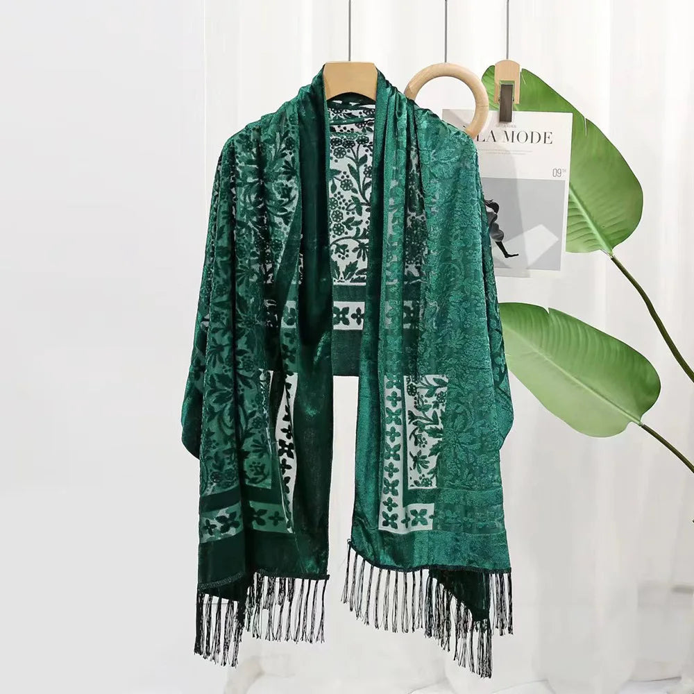 New Bohemian Ethnic Style Green Velvet Long Shawl Plain Color Floral Pattern Multi-Functional Scarf for Women's Summer Parties