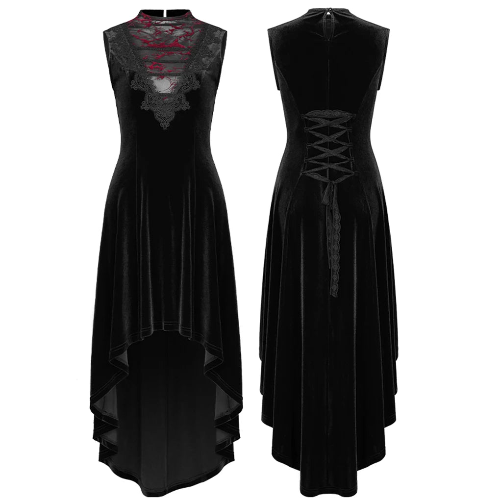PUNK RAVE Women's Velvet Gothic Gorgeous Retro Irregular Hem Sleeveless Dress in Black or Red
